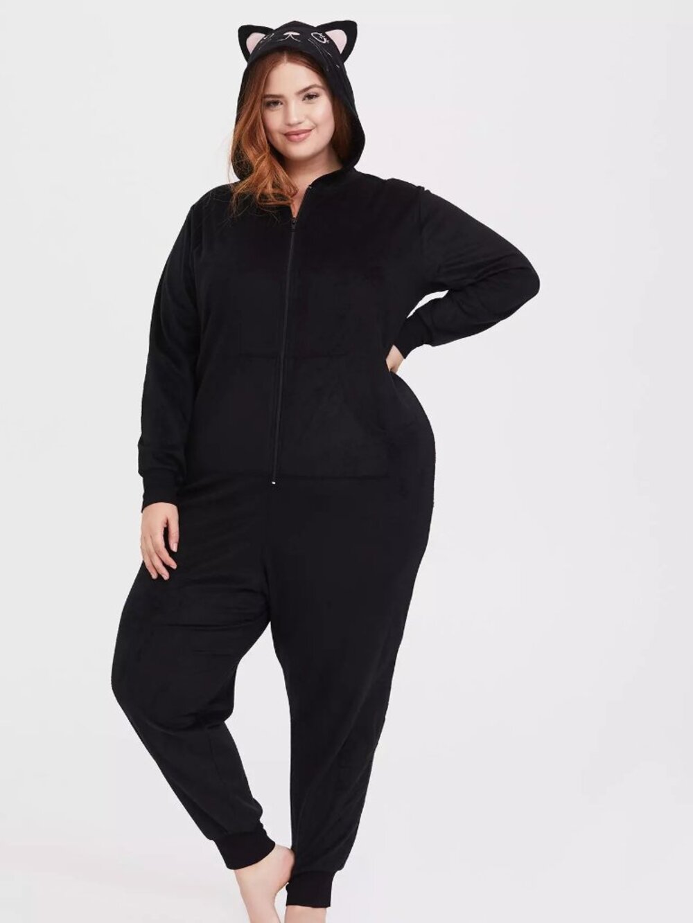 🆕️ Torrid 3X/4X black cat cozy fleece cat ears hooded full zip onesie